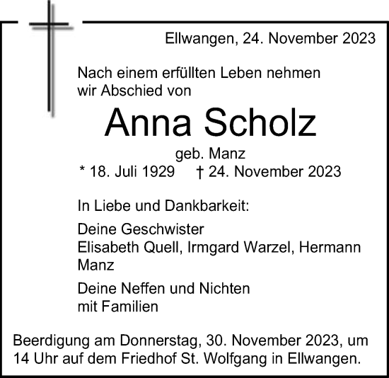 Traueranzeige von Anna Scholz von Schwäbische Post