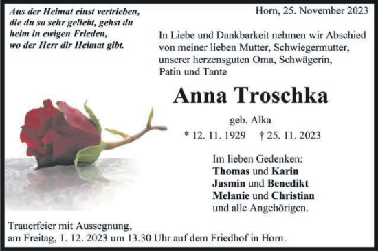 Traueranzeige von Anna Troschka