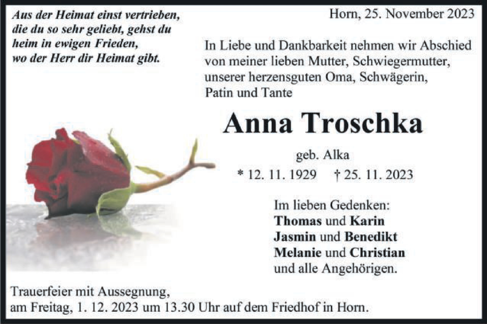  Traueranzeige für Anna Troschka vom 29.11.2023 aus Gmünder Tagespost