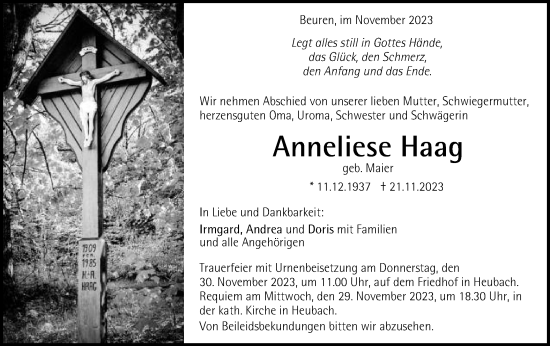 Traueranzeige von Anneliese Haag von Gmünder Tagespost