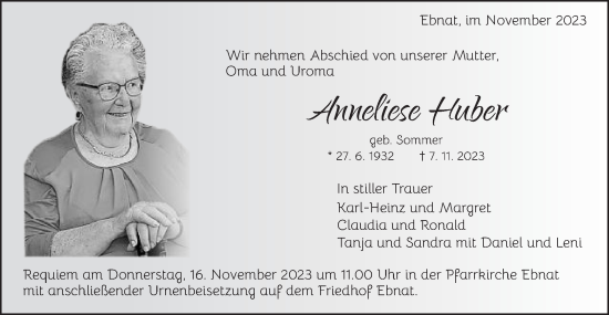 Traueranzeige von Anneliese Huber von Schwäbische Post