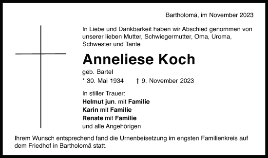 Traueranzeige von Anneliese Koch von Gmünder Tagespost