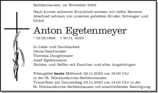 Traueranzeige von Anton Egetenmeyer von Schwäbische Post