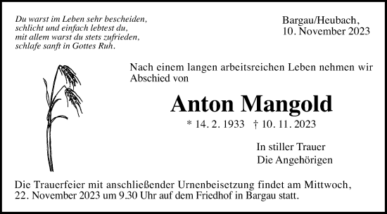 Traueranzeige von Anton Mangold von Gmünder Tagespost