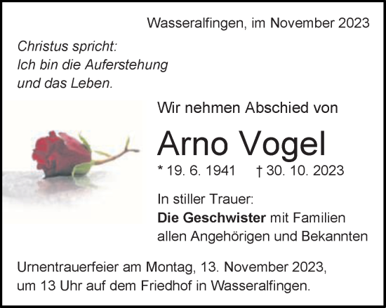 Traueranzeige von Arno Vogel von Schwäbische Post