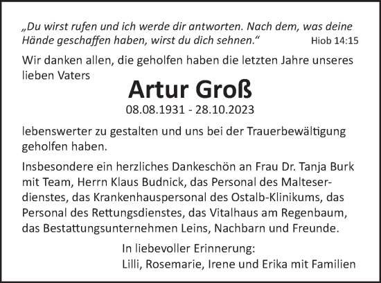 Traueranzeige von Artur Groß von Schwäbische Post