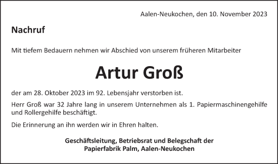 Traueranzeige von Artur Groß von Schwäbische Post