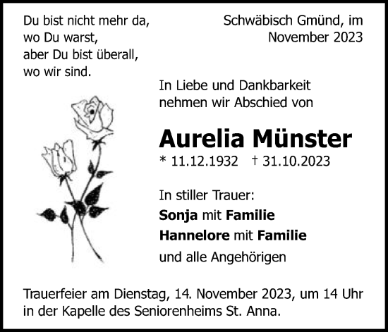 Traueranzeige von Aurelia Münster von Gmünder Tagespost