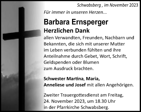Traueranzeige von Barbara Ernsperger von Schwäbische Post