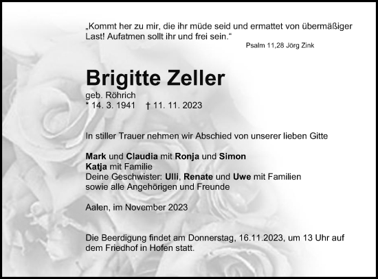 Traueranzeige von Brigitte Zeller von Schwäbische Post