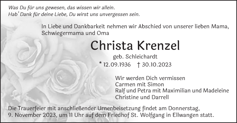  Traueranzeige für Christa Krenzel vom 07.11.2023 aus Schwäbische Post