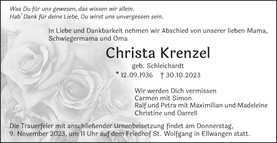 Traueranzeige von Christa Krenzel von Schwäbische Post