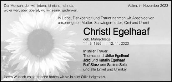 Traueranzeige von Christl Egelhaaf von Schwäbische Post