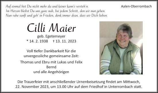 Traueranzeige von Cilli Maier von Schwäbische Post