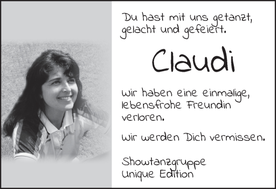 Traueranzeige von Claudi  von Schwäbische Post