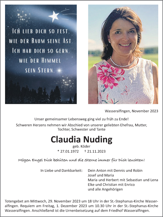 Traueranzeige von Claudia Nuding von Schwäbische Post