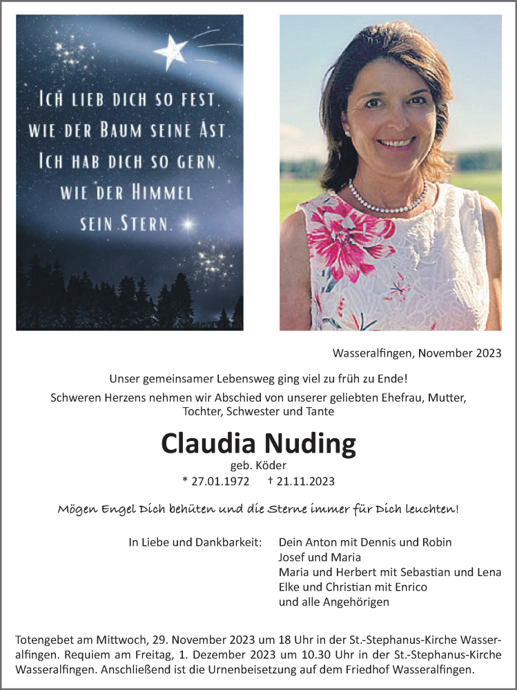  Traueranzeige für Claudia Nuding vom 25.11.2023 aus Schwäbische Post