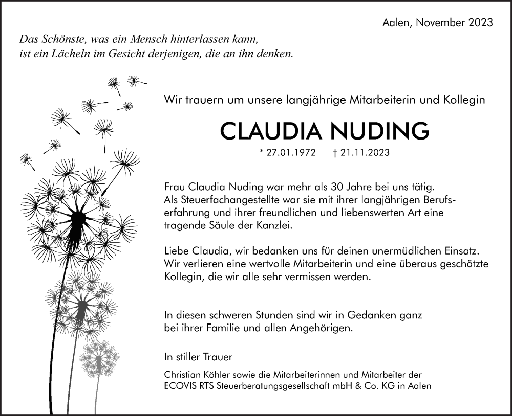  Traueranzeige für Claudia Nuding vom 28.11.2023 aus Schwäbische Post
