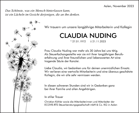 Traueranzeige von Claudia Nuding von Schwäbische Post