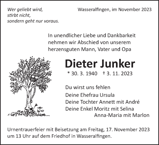 Traueranzeige von Dieter Junker von Schwäbische Post