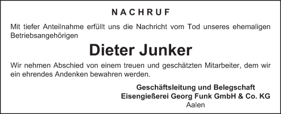 Traueranzeige von Dieter Junker von Schwäbische Post