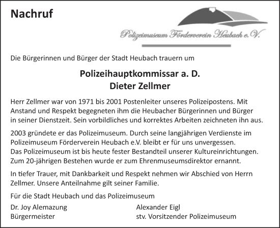 Traueranzeige von Dieter Zellmer von Gmünder Tagespost