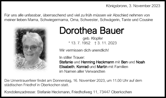 Traueranzeige von Dorothea Bauer von Schwäbische Post
