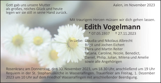 Traueranzeige von Edith Vogelmann von Schwäbische Post