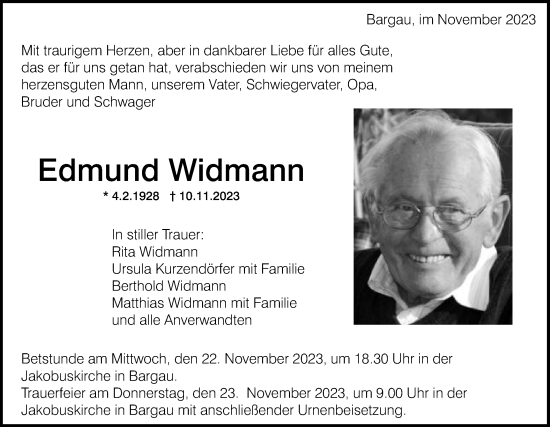 Traueranzeige von Edmund Widmann von Gmünder Tagespost