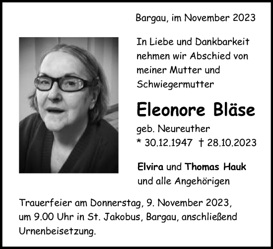 Traueranzeige von Eleonore Bläse von Gmünder Tagespost