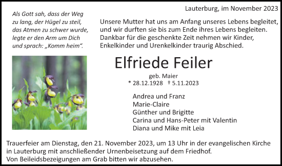 Traueranzeige von Elfriede Feiler von Schwäbische Post