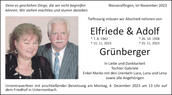 Traueranzeige von Elfriede Grünberger von Schwäbische Post