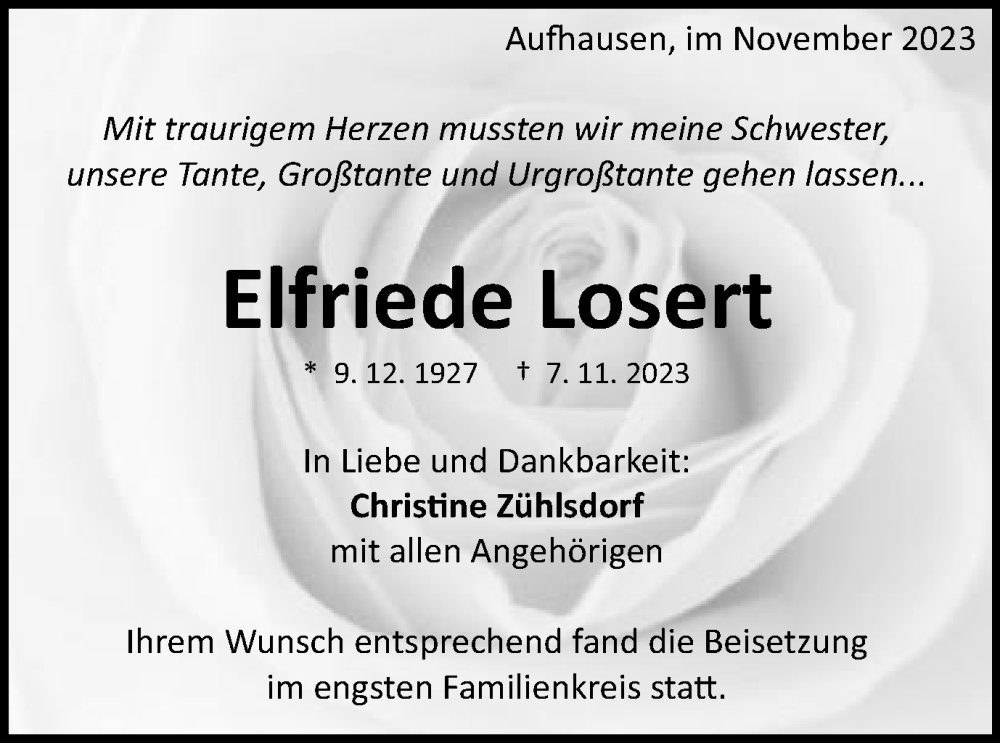  Traueranzeige für Elfriede Losert vom 25.11.2023 aus Schwäbische Post