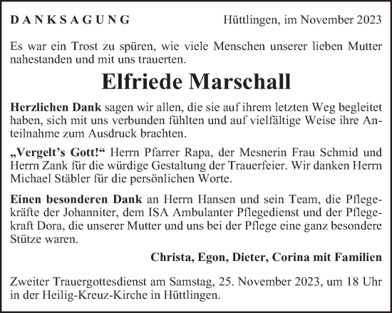 Traueranzeige von Elfriede Marschall von Schwäbische Post