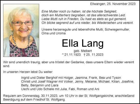 Traueranzeige von Ella Lang von Schwäbische Post