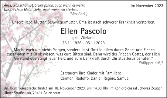 Traueranzeige von Ellen Pascolo von Schwäbische Post
