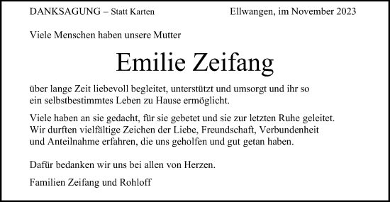 Traueranzeige von Emilie Zeifang