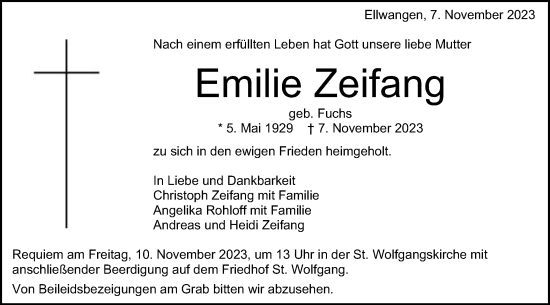 Traueranzeige von Emilie Zeifang