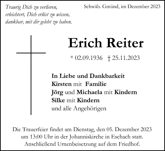 Traueranzeige von Erich Reiter von Gmünder Tagespost