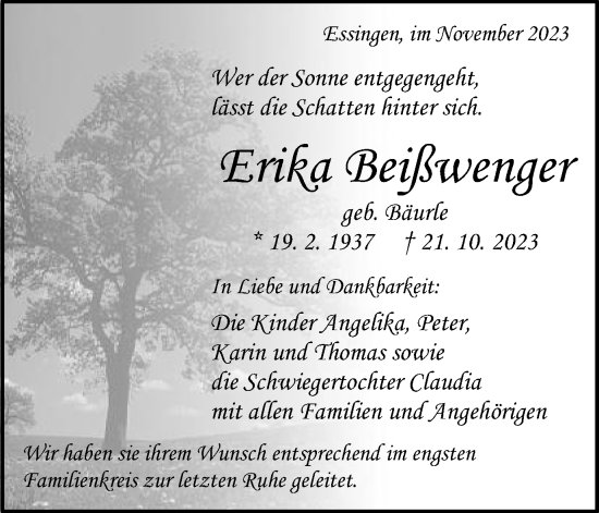 Traueranzeige von Erika Beißwenger von Schwäbische Post