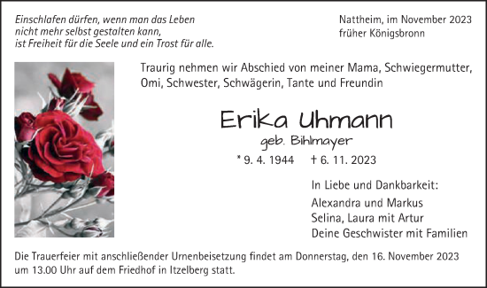 Traueranzeige von Erika Uhmann von Schwäbische Post