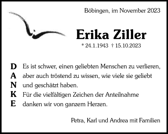 Traueranzeige von Erika Ziller von Gmünder Tagespost