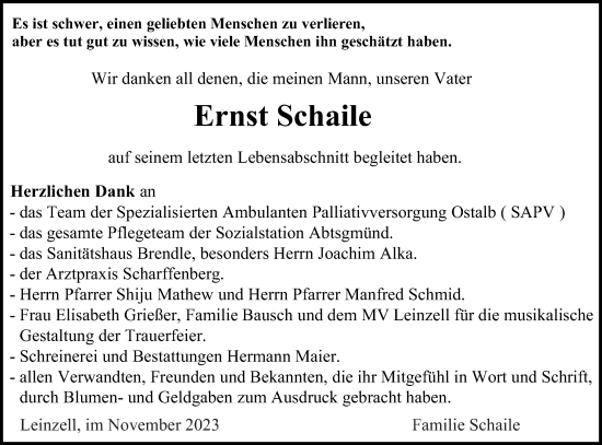Traueranzeige von Ernst Schaile von Gmünder Tagespost