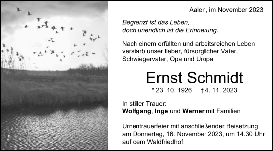 Traueranzeige von Ernst Schmidt von Schwäbische Post