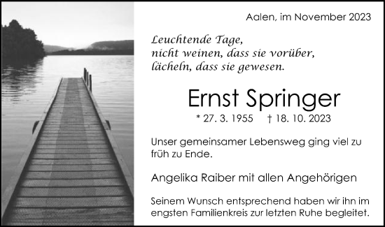 Traueranzeige von Ernst Springer von Schwäbische Post