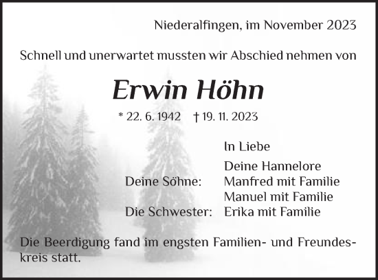 Traueranzeige von Erwin Höhn von Gmünder Tagespost