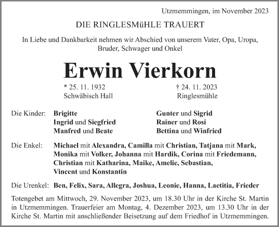 Traueranzeige von Erwin Vierkorn von Schwäbische Post