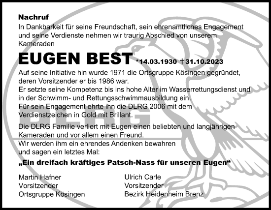 Traueranzeige von Eugen Best von Schwäbische Post