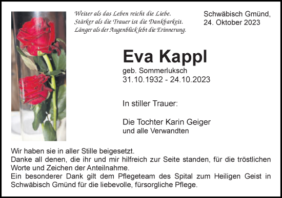 Traueranzeige von Eva Kappl