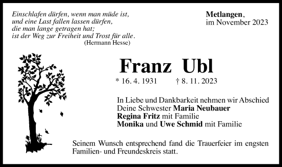 Traueranzeige von Franz Ubl